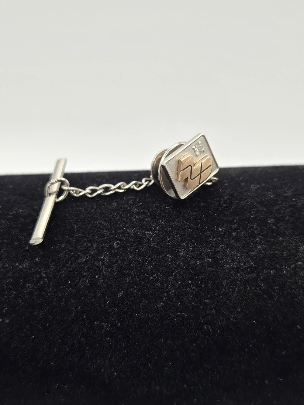 Solid 10k White And Yellow Gold And Diamond Tie Tack with Chain
